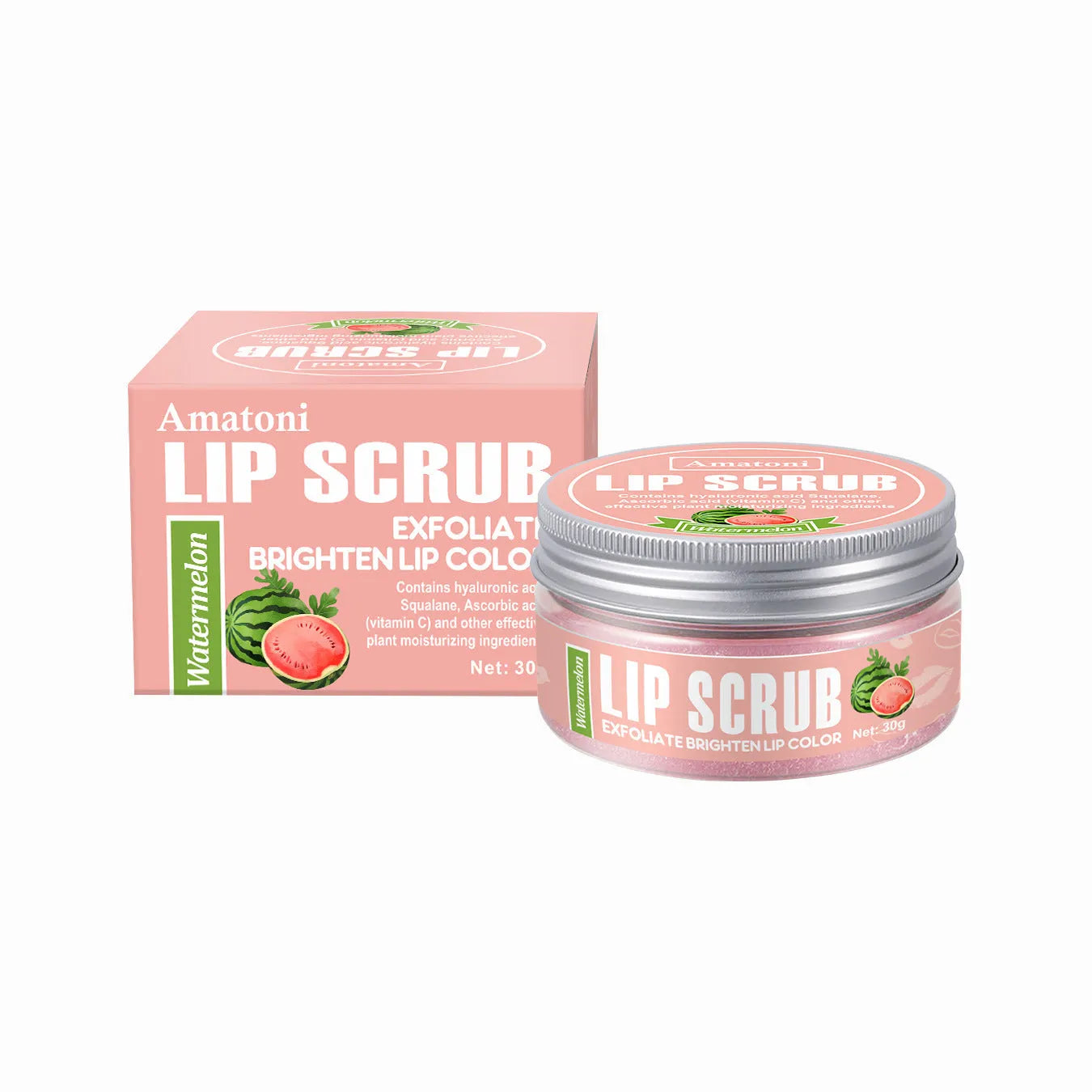 Amatoni 30g pot of fruit flavour lip scrub cream for exfoliating and moisturising lips.
