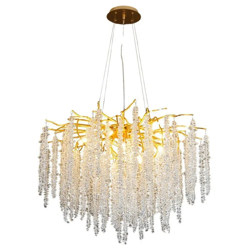 Crystal chandelier light with adjustable height, shown in a light luxury style with aluminium alloy body.