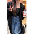 Korean idle style hooded long cardigan in wool blend polyester fabric below-the-knee length