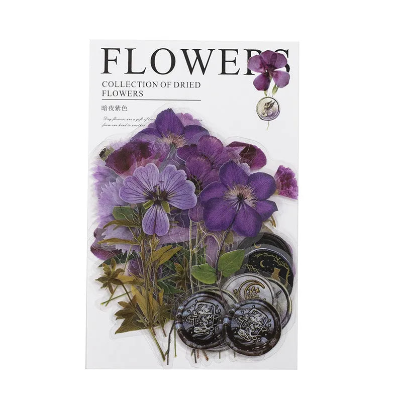 Eight styles of dried flower journal stickers in Dark Night Purple, rose nebula and other colours at 70mm size