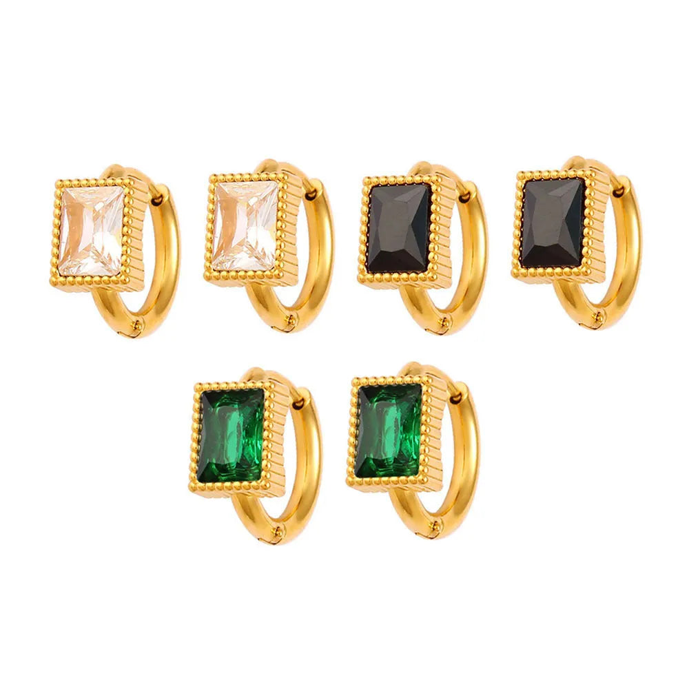 Square geometric stainless steel earrings with zircon detail in black, green, and white options