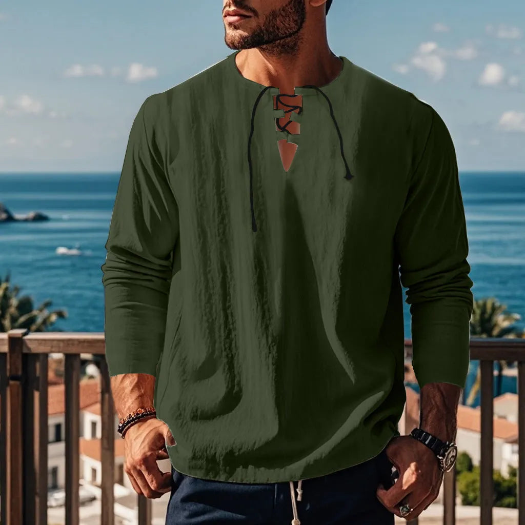Cotton linen blend beach ruff shirt in loose pullover style available in multiple solid colours