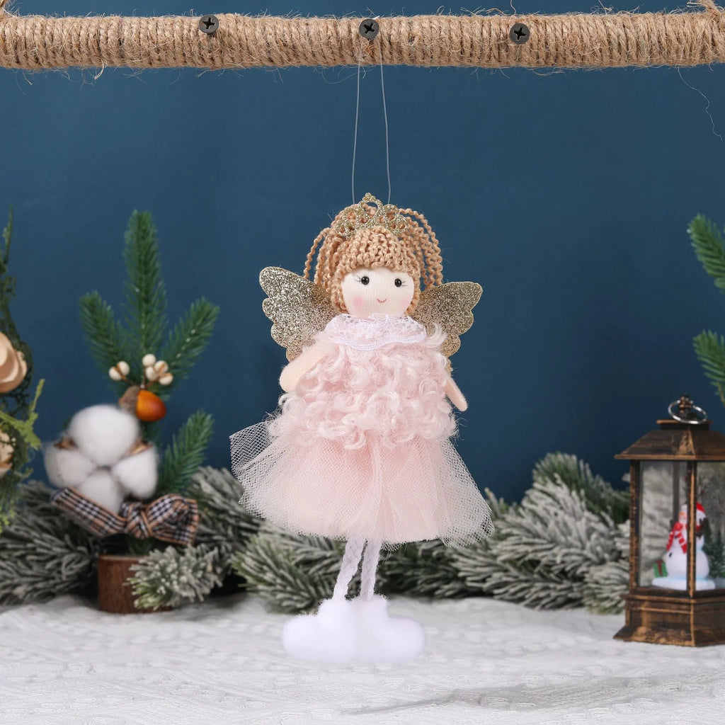 Christmas angel girl fabric pendant with crown design for high ponytail hairstyles in white, pink, or khaki colour