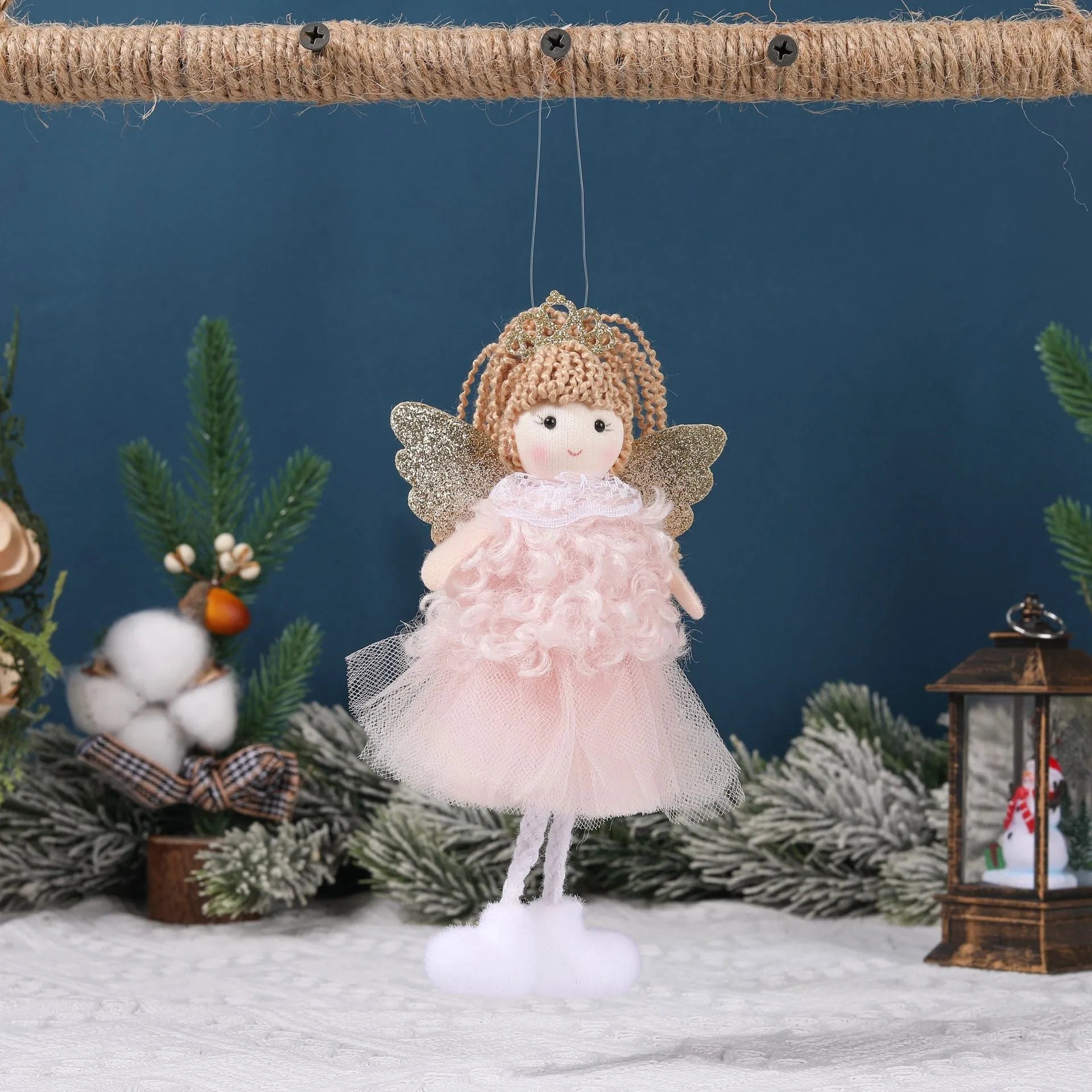 Christmas angel girl fabric pendant with crown design for high ponytail hairstyles in white, pink, or khaki colour
