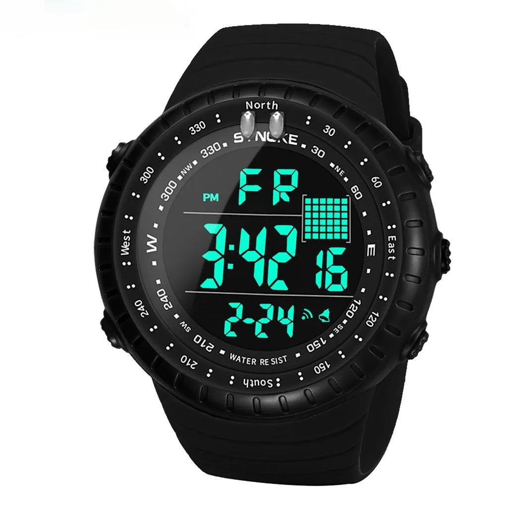 Black men's waterproof outdoor electronic watch with large 54.74mm dial and adjustable PU leather strap