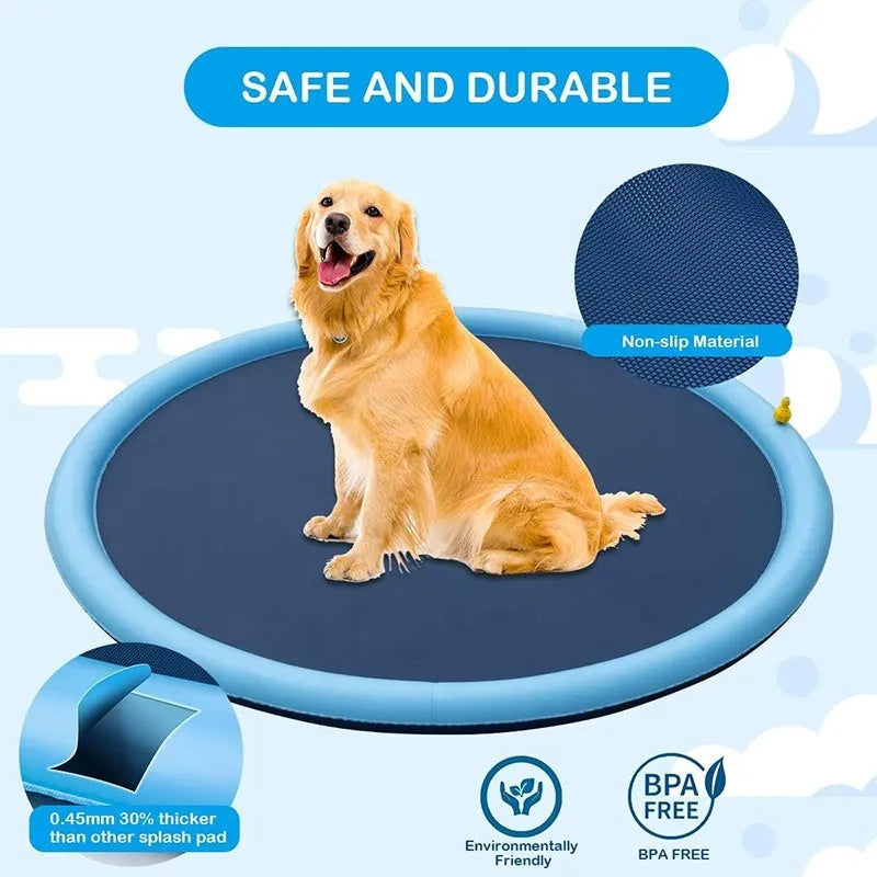 A large, round blue dog splash pad with a textured surface, filled with shallow water, sitting on a green lawn.
