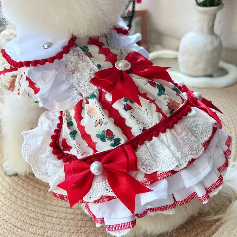 Princess style rabbit skirt pet dog clothing made from polyester fabric shown on a mannequin