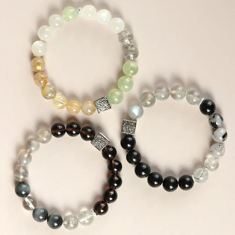 Khaki polished crystal couple bracelet set with 10mm geometric beads in Chinese style