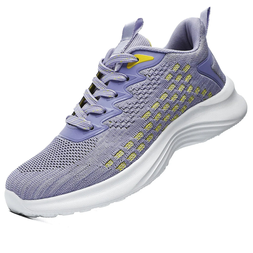Women's lavender purple and royal blue flyknit running shoes with striped pattern and mesh lining in plus sizes