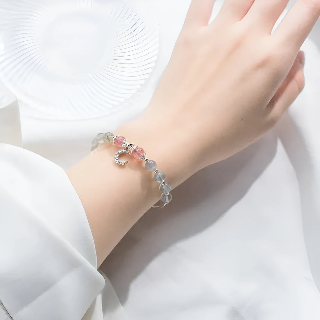 Natural moonstone handmade bracelet with adjustable clasp and crescent moon charm