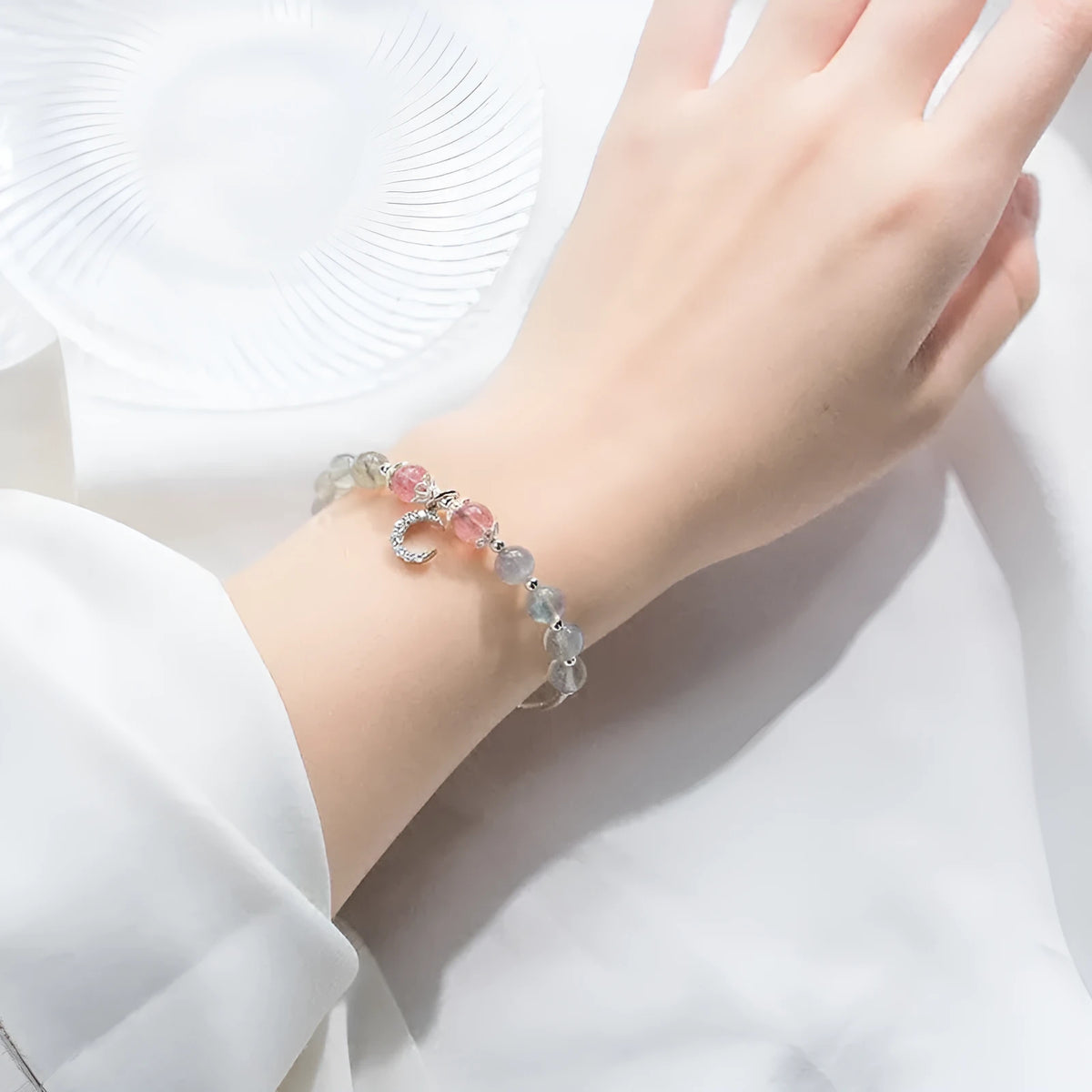 Natural moonstone handmade bracelet with adjustable clasp and crescent moon charm