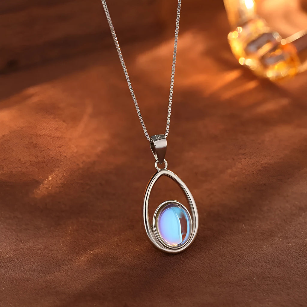925 sterling silver moonstone pendant necklace with white gold colour box chain, crystal inlay, 41-50cm perimeter