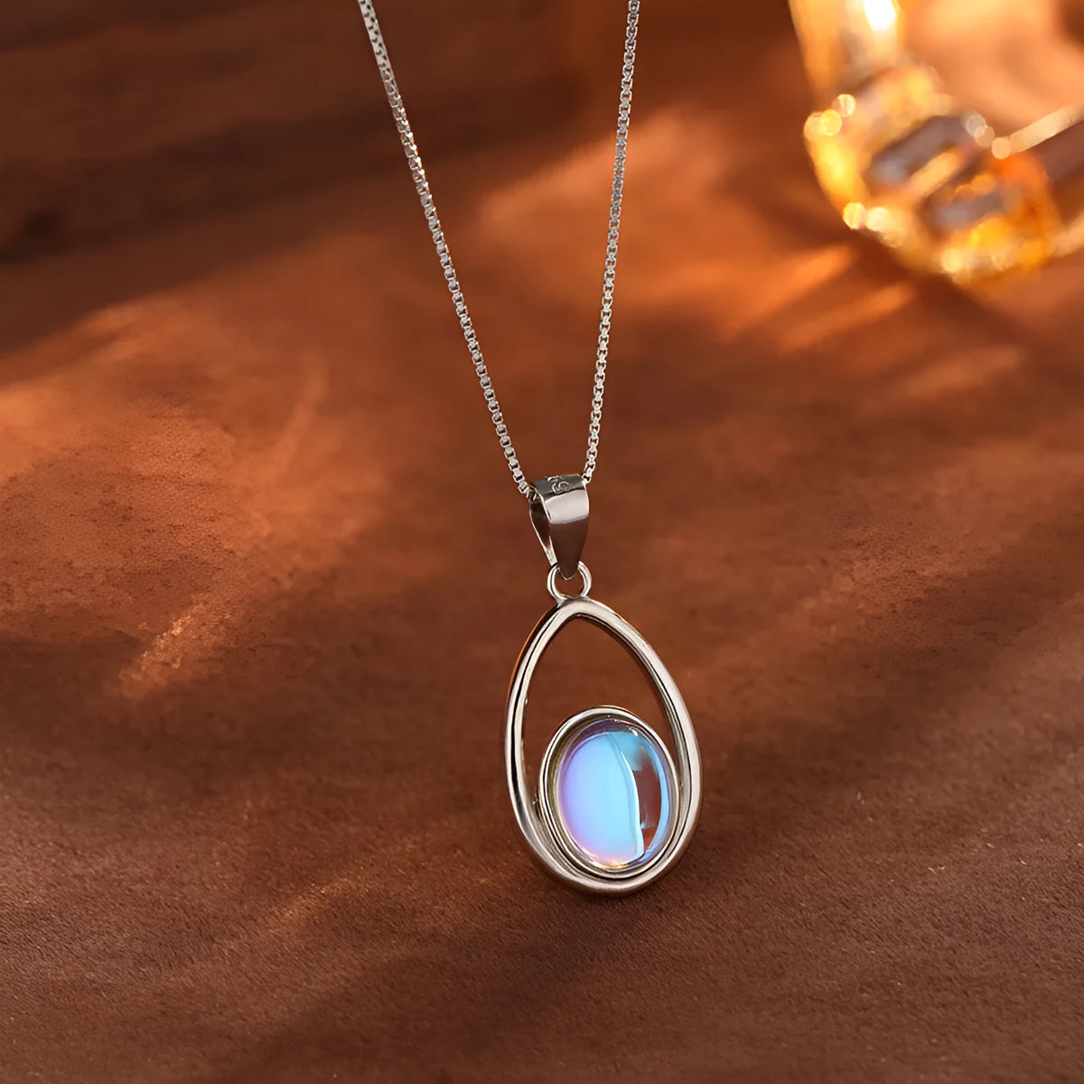 925 sterling silver moonstone pendant necklace with white gold colour box chain, crystal inlay, 41-50cm perimeter