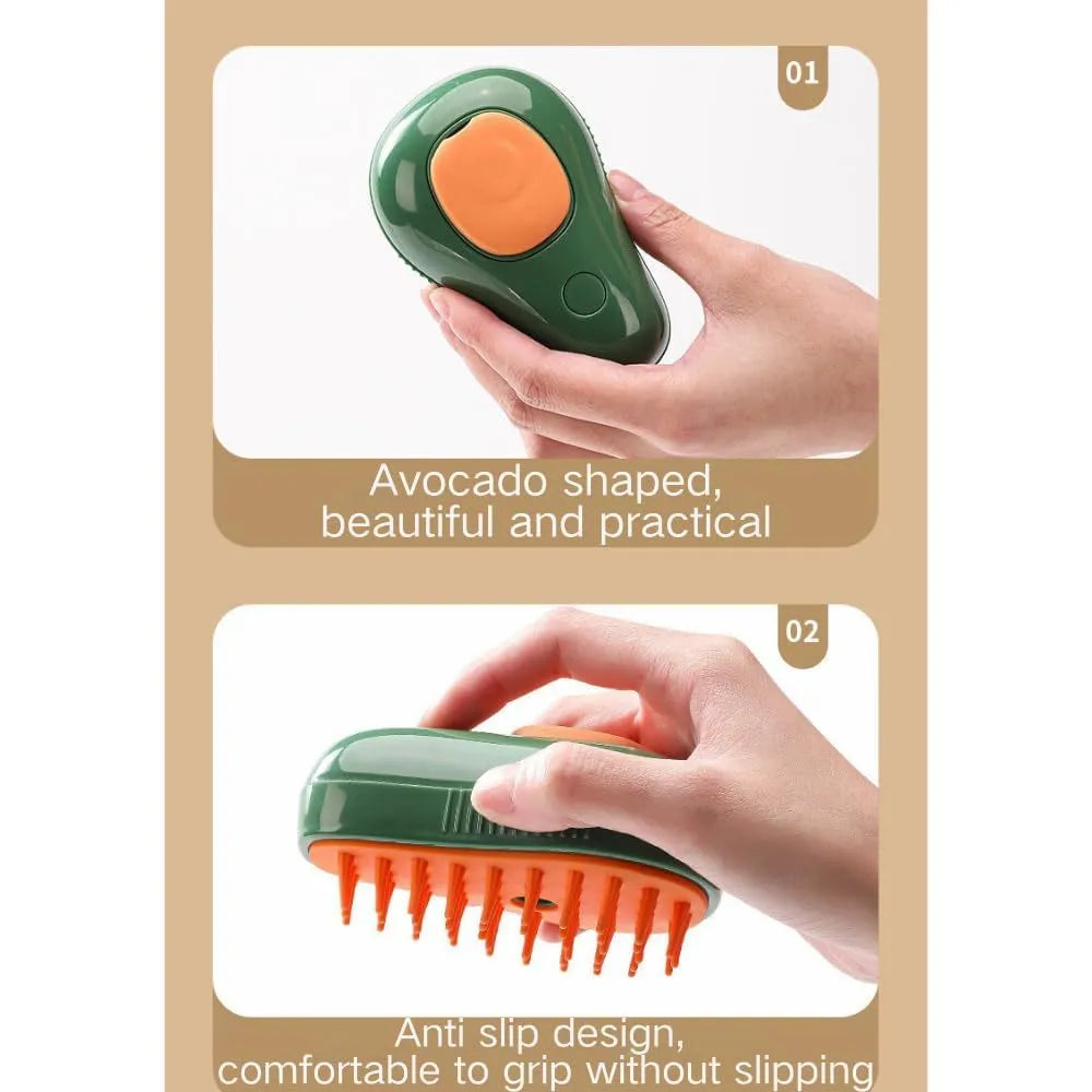 Green and white cat steam brush with water spray function and silicone grooming teeth