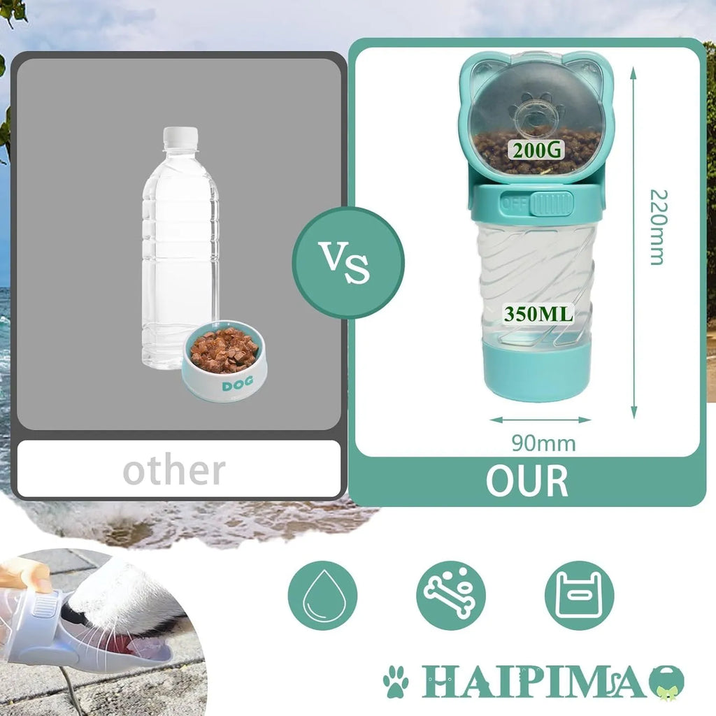 Green 3-in-1 pet water bottle with food container and garbage bag dispenser for dog walking