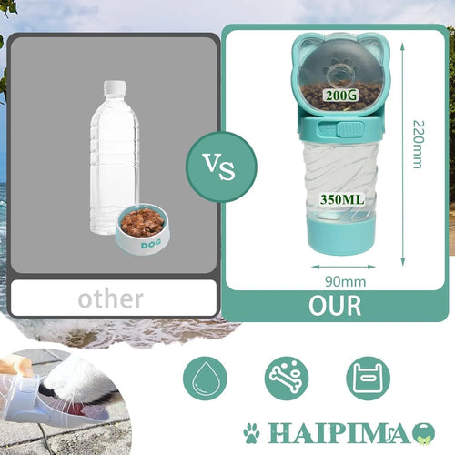 Green 3-in-1 pet water bottle with food container and garbage bag dispenser for dog walking