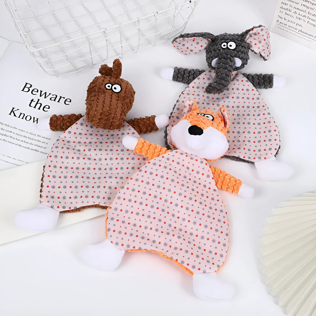 Brown velvet plush fox-shaped pet toy on a white background