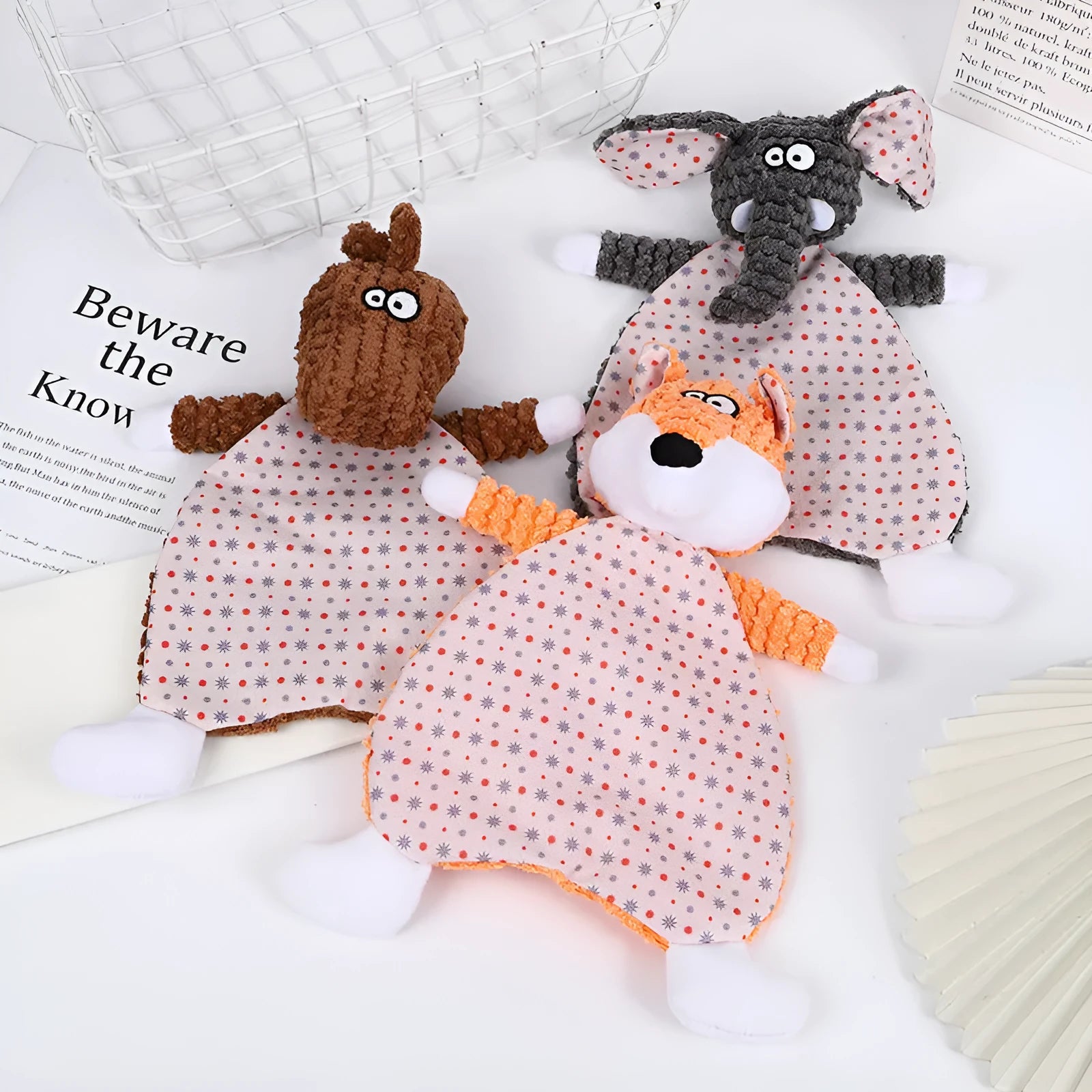 Brown velvet plush fox-shaped pet toy on a white background