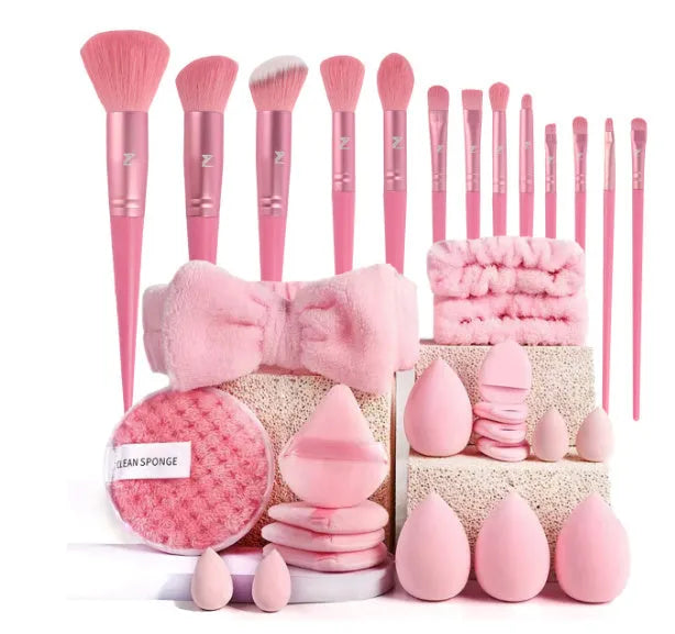 Hydrophilic non-latex beauty tools set in brown, pink and purple colours for facial cleansing and makeup