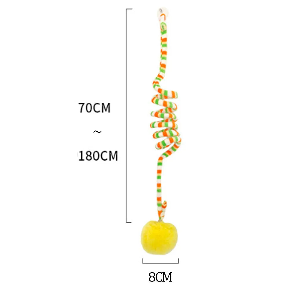Hanging cat toy with colourful spring bell stick and inflatable ball attached to clear suction cup