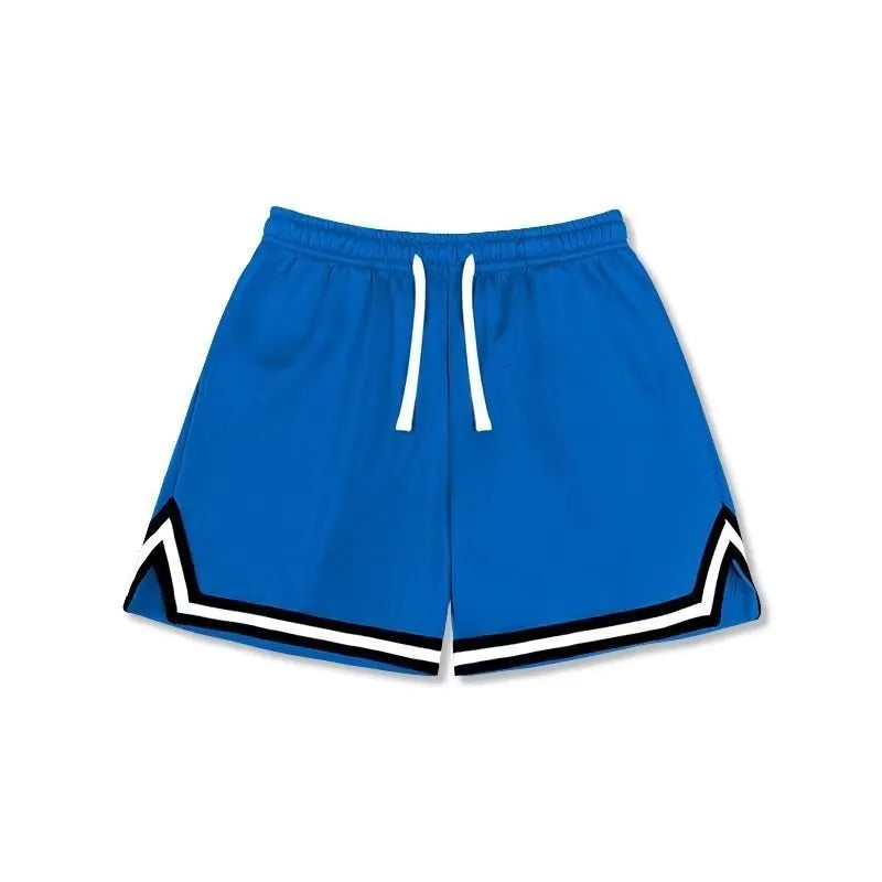 Man wearing loose-fit grey polyester sports shorts with an elasticated waistband.