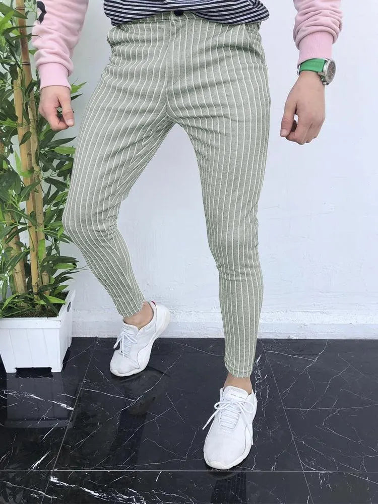 Men's 3D printed plaid casual trousers in straight-leg slim-fit style with micro-elastic fabric