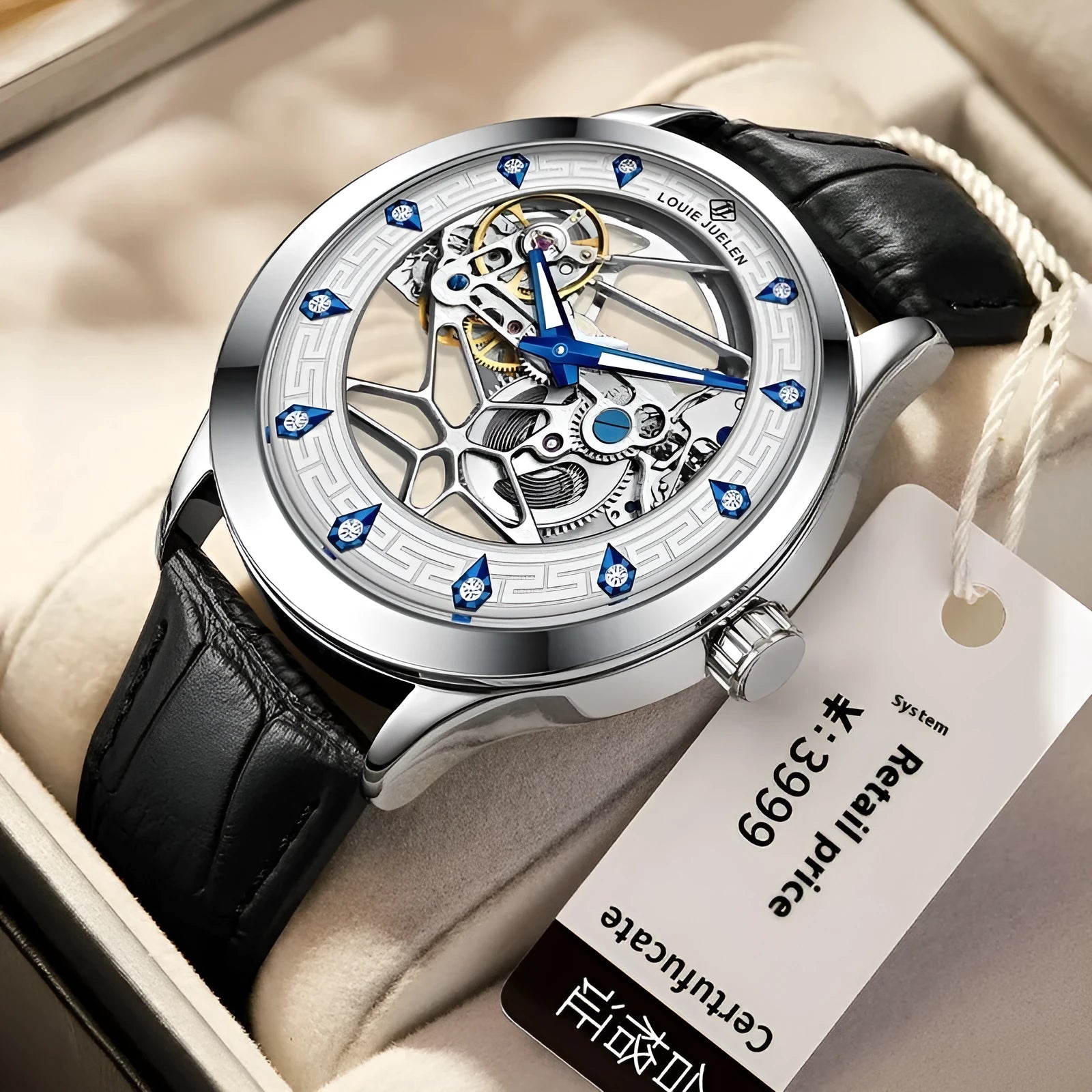 Men's silver mechanical watch with white dial blue luminous hands and brown genuine leather strap