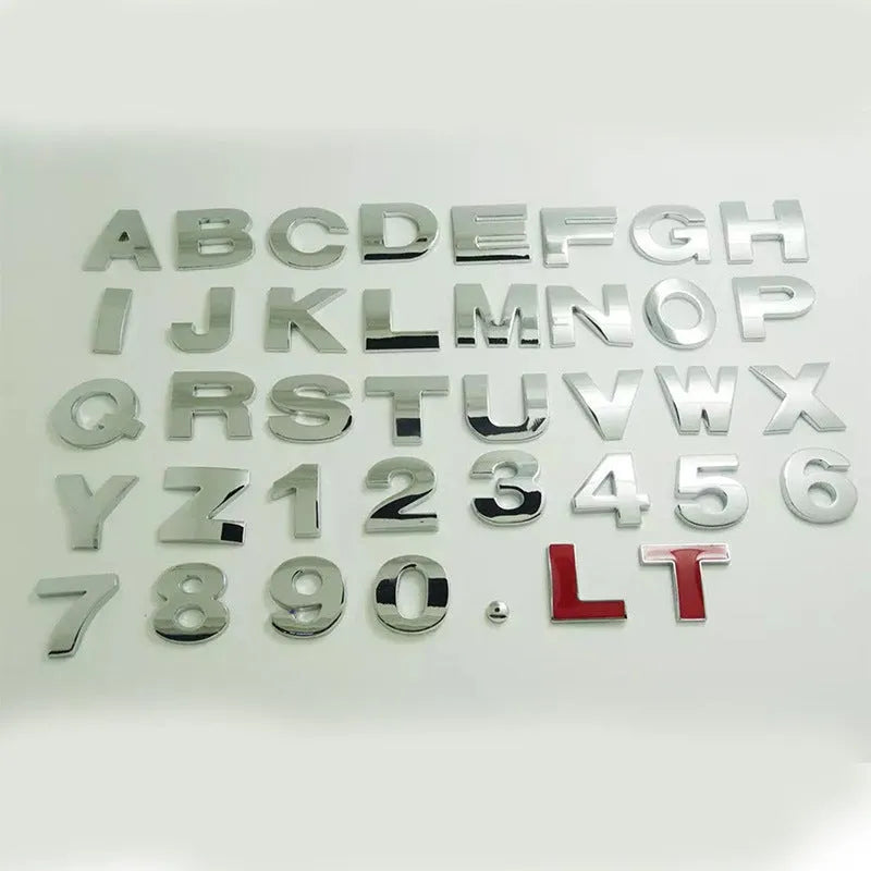 Silver and black metal zinc alloy 3D car bumper stickers showing letters A to Y, 2.5cm size