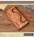 Women's brown embossed floral pattern tri-fold cowhide leather wallet showing interior compartments