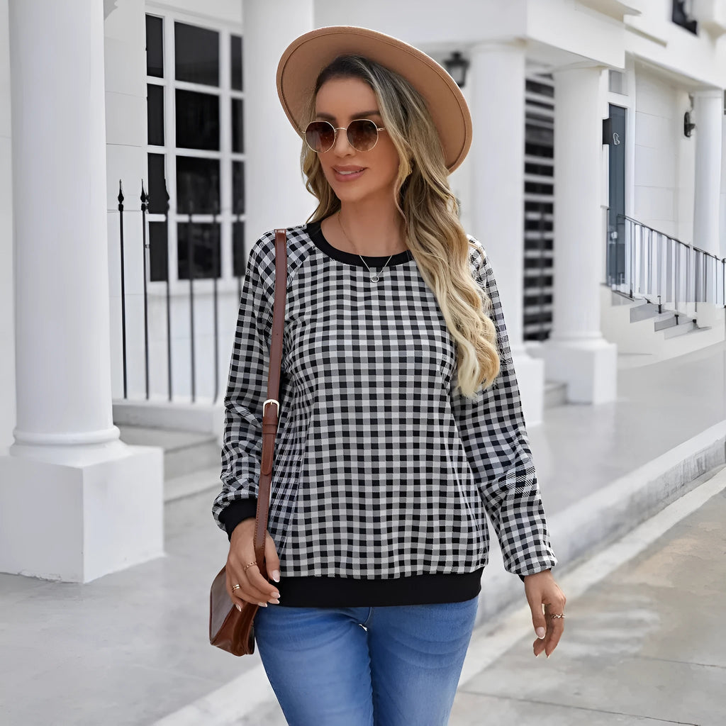 Black plaid pattern long sleeve pullover sweater with printing detail