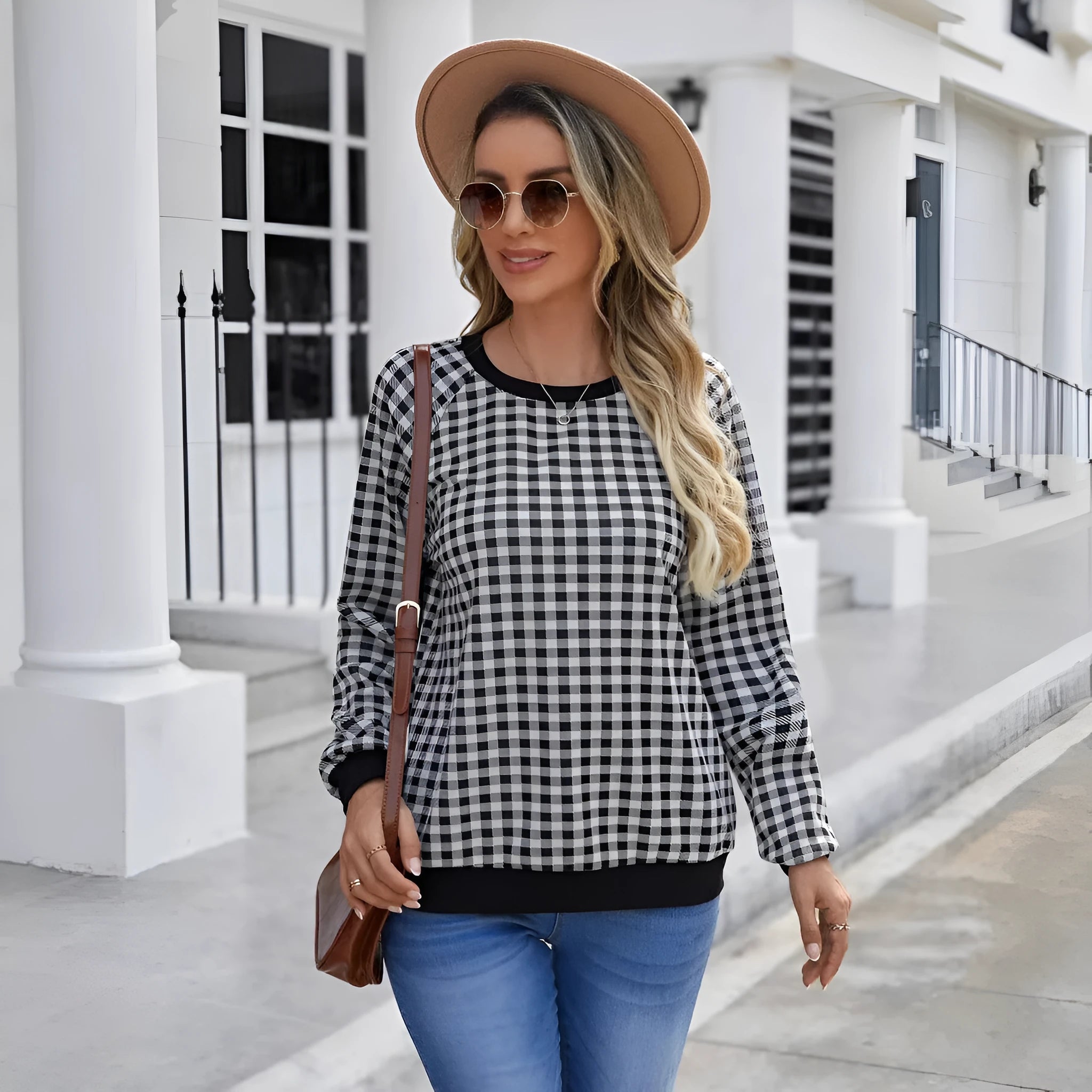 Black plaid pattern long sleeve pullover sweater with printing detail