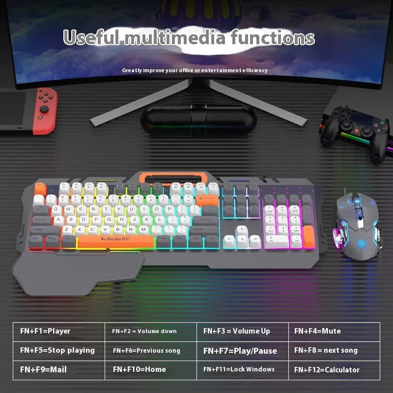 Blue backlit gaming keyboard and matching mouse with 1.5m USB cable on desktop