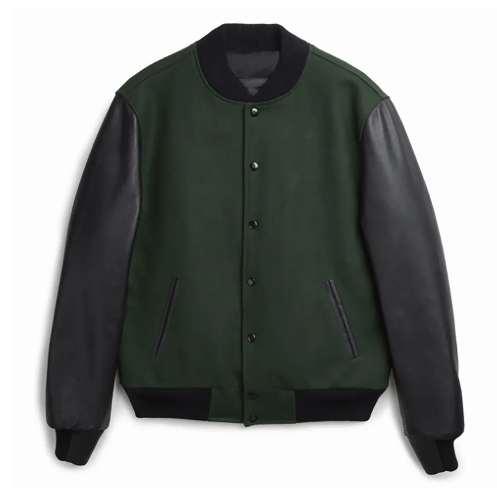Men's PU leather sleeve spliced flight jacket in black with colour block pattern and side seam pockets