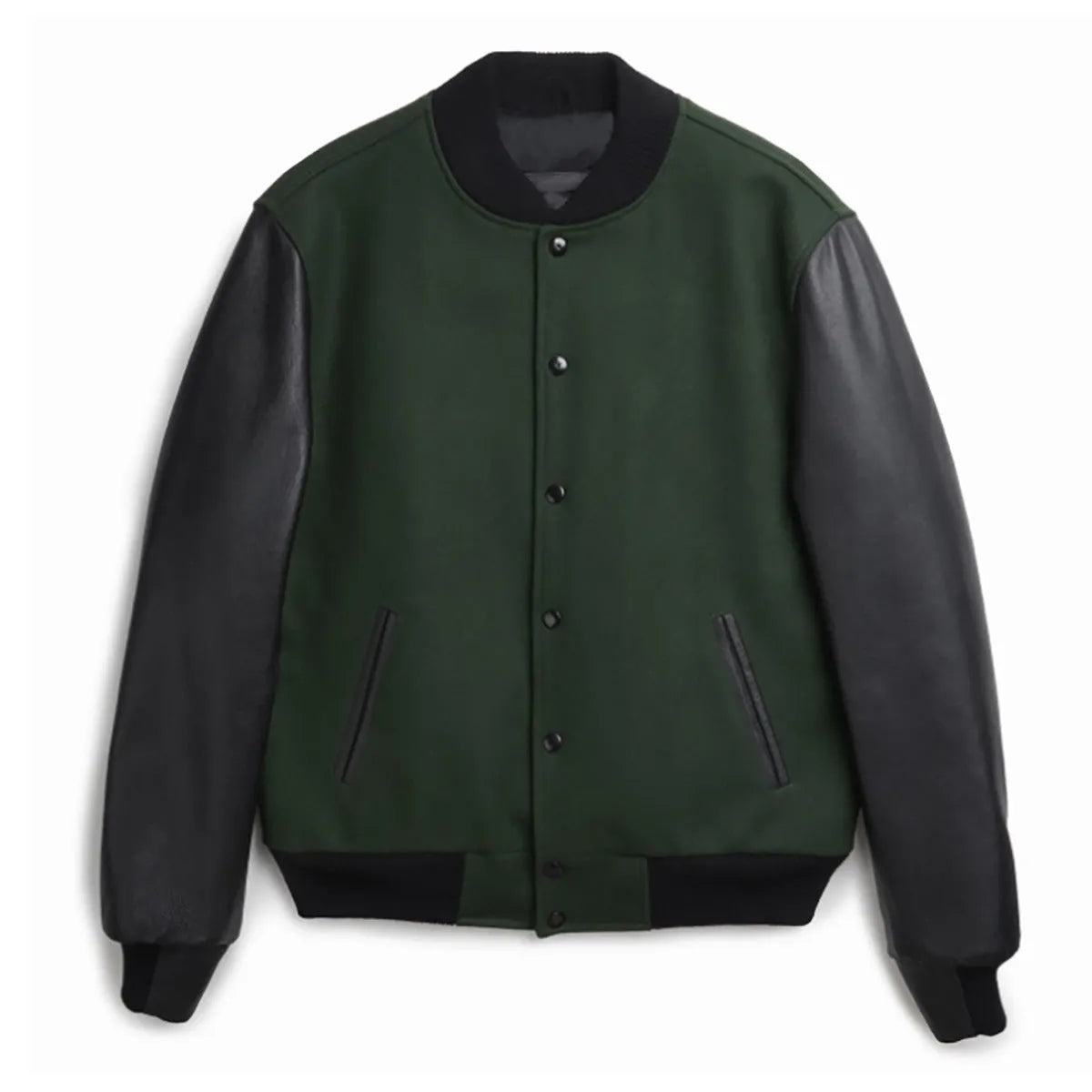 Men's PU leather sleeve spliced flight jacket in black with colour block pattern and side seam pockets