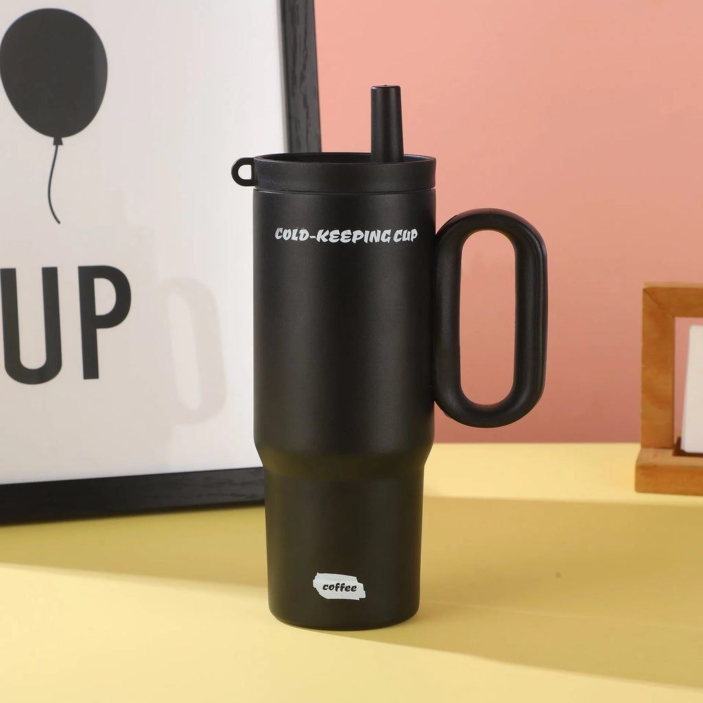 Portable plastic ice bucket with handle and large capacity, shown with a straw cup, for outdoor drink cooling.