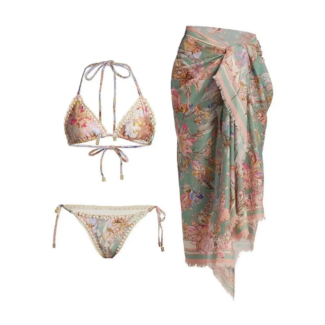 Creamy white women's floral bikini set with top, briefs, and matching skirt on a mannequin.