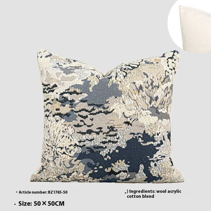 Antique blue decorative cushion with abstract floral pattern, shown in square and waist pillow sizes.