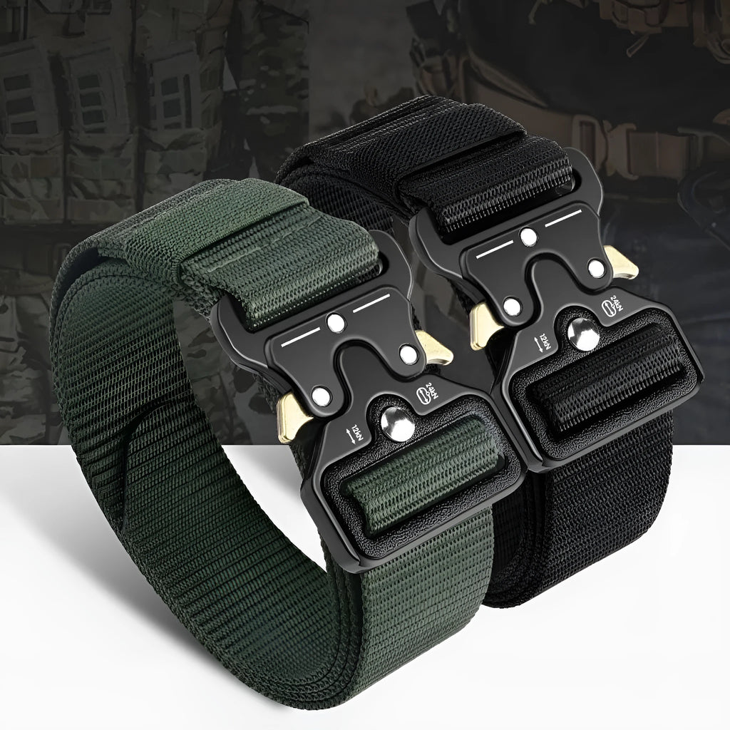 Men's thick canvas tactical belt with alloy release buckle shown in multiple colour options