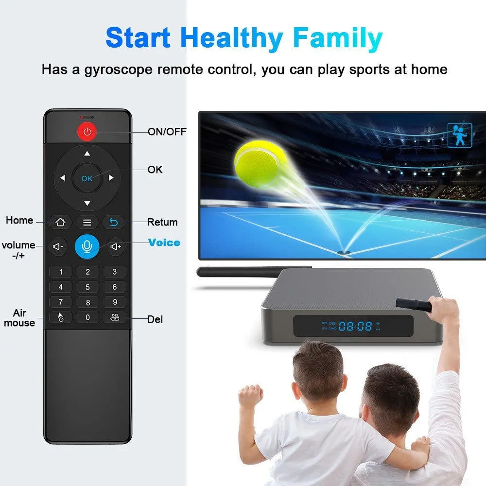 Black Android set-top box with HDMI port, measuring 105x105x20mm, beside its remote control and power adapter.