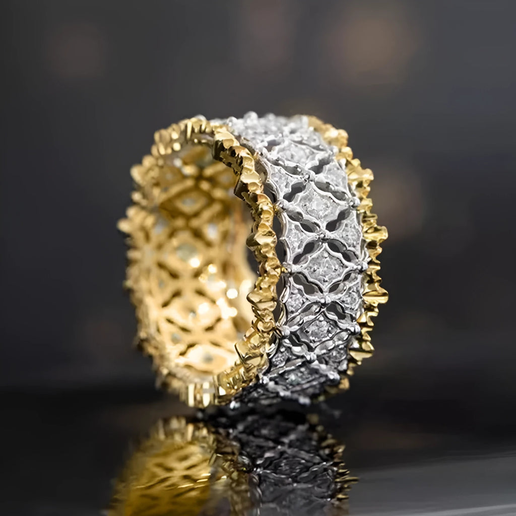 Two-tone gold geometric ring with round zircon detail on copper construction