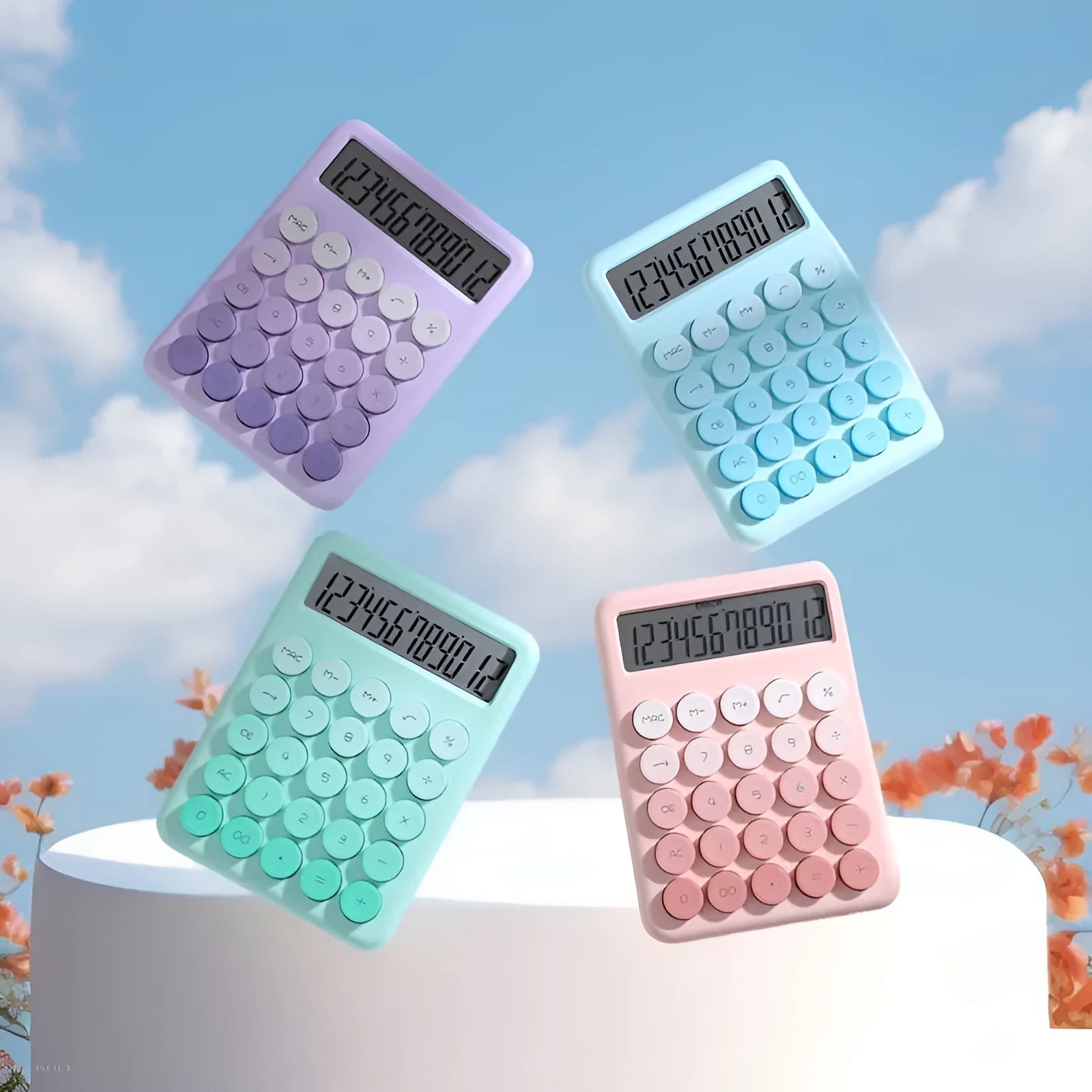 Gradient colour desk calculator showing violet, pink, blue and green colour options