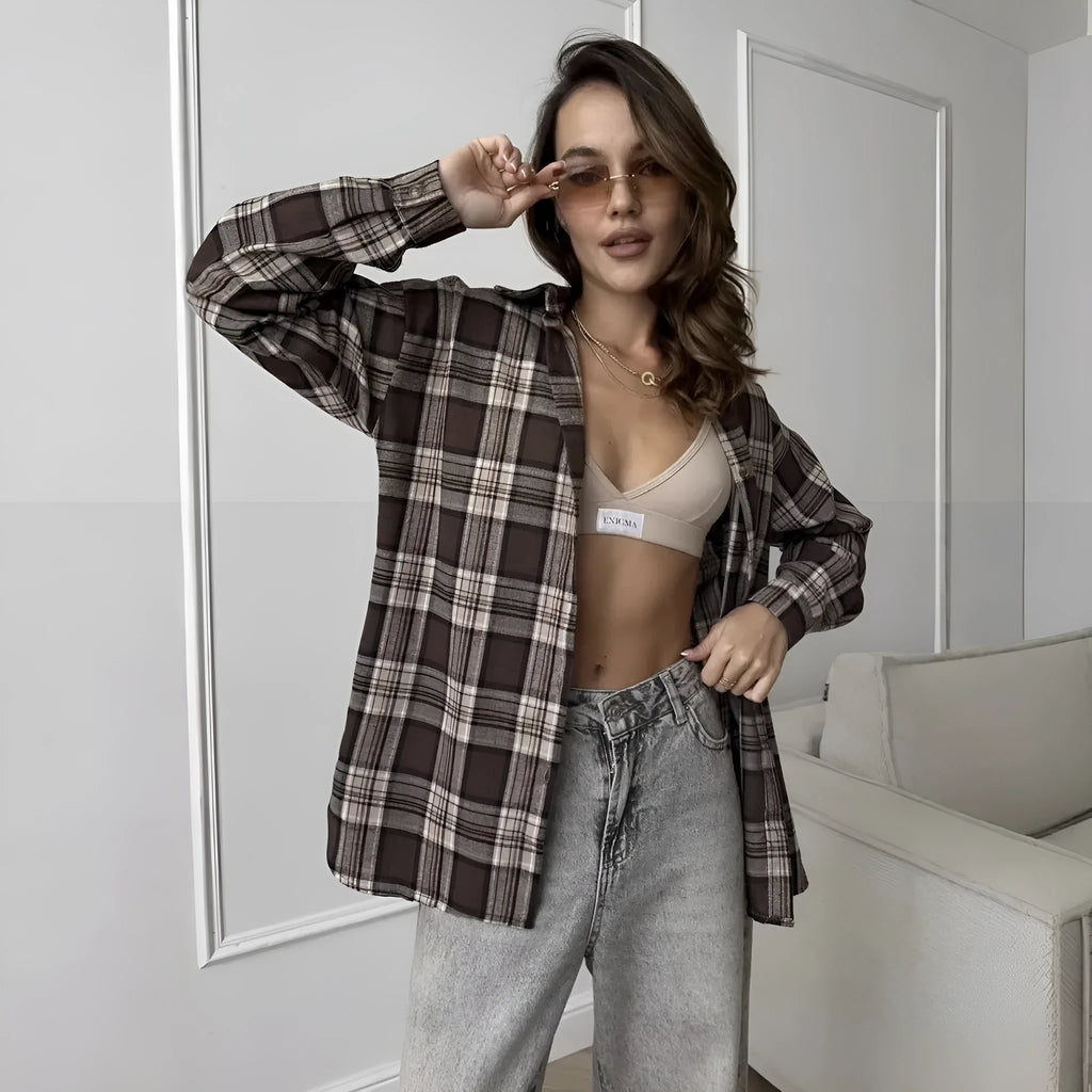Women's dark brown retro striped long sleeve cotton shirt with regular fit and art style details