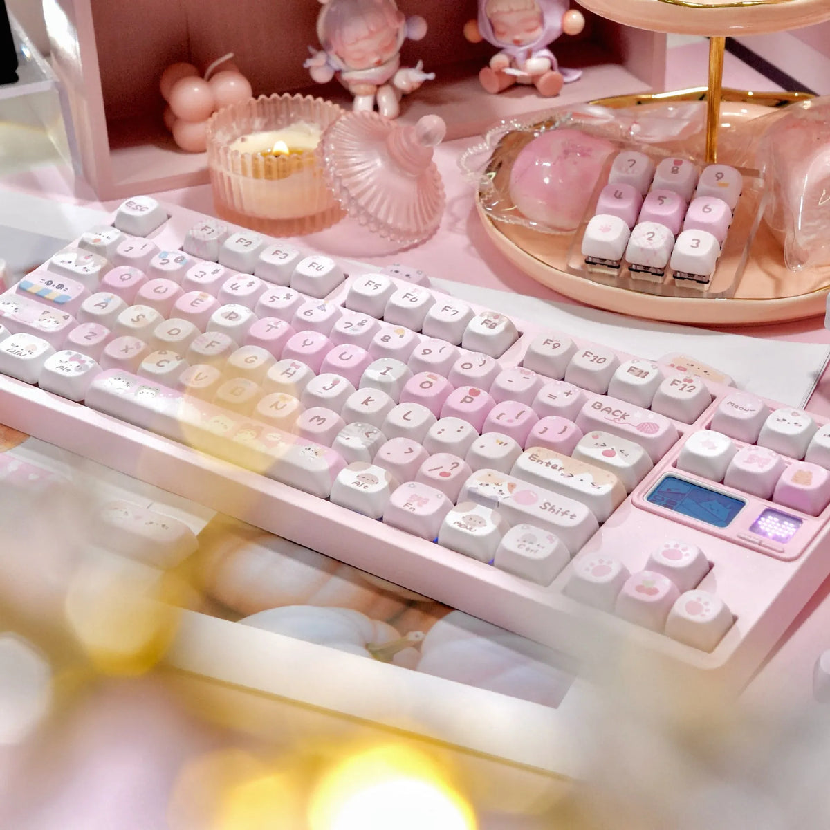 Set of pink cartoon-design MOA-height keycaps for mechanical keyboards, showing five-sided sublimation print.