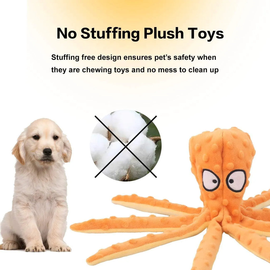Blue octopus plush dog toy with tentacles, 32cm long no-stuffing chew toy with squeaker and crinkle sounds