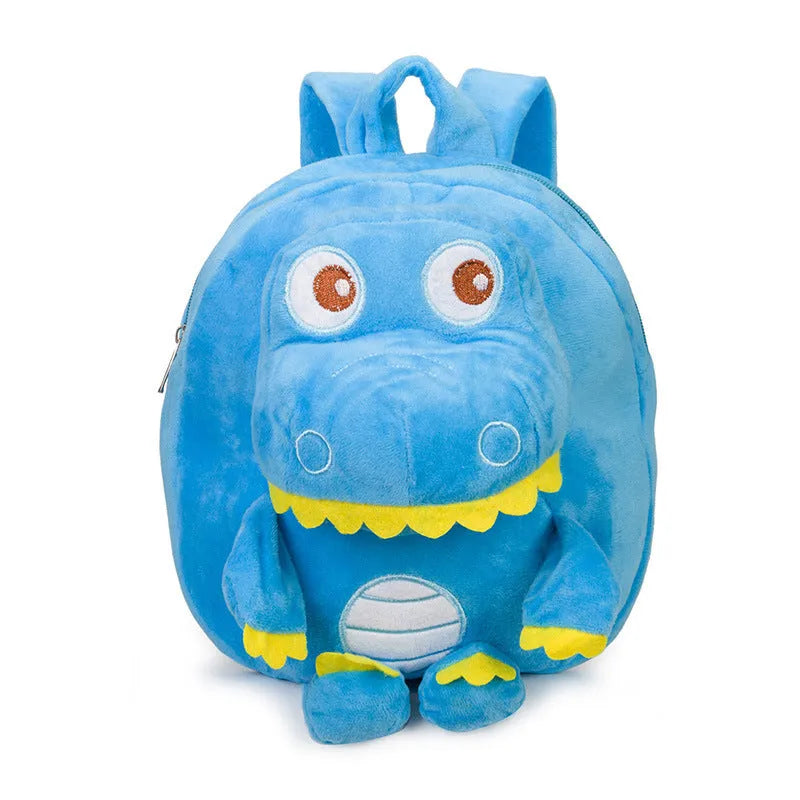 Blue dinosaur plush backpack for children with embroidery, soft handle, and polyester lining.