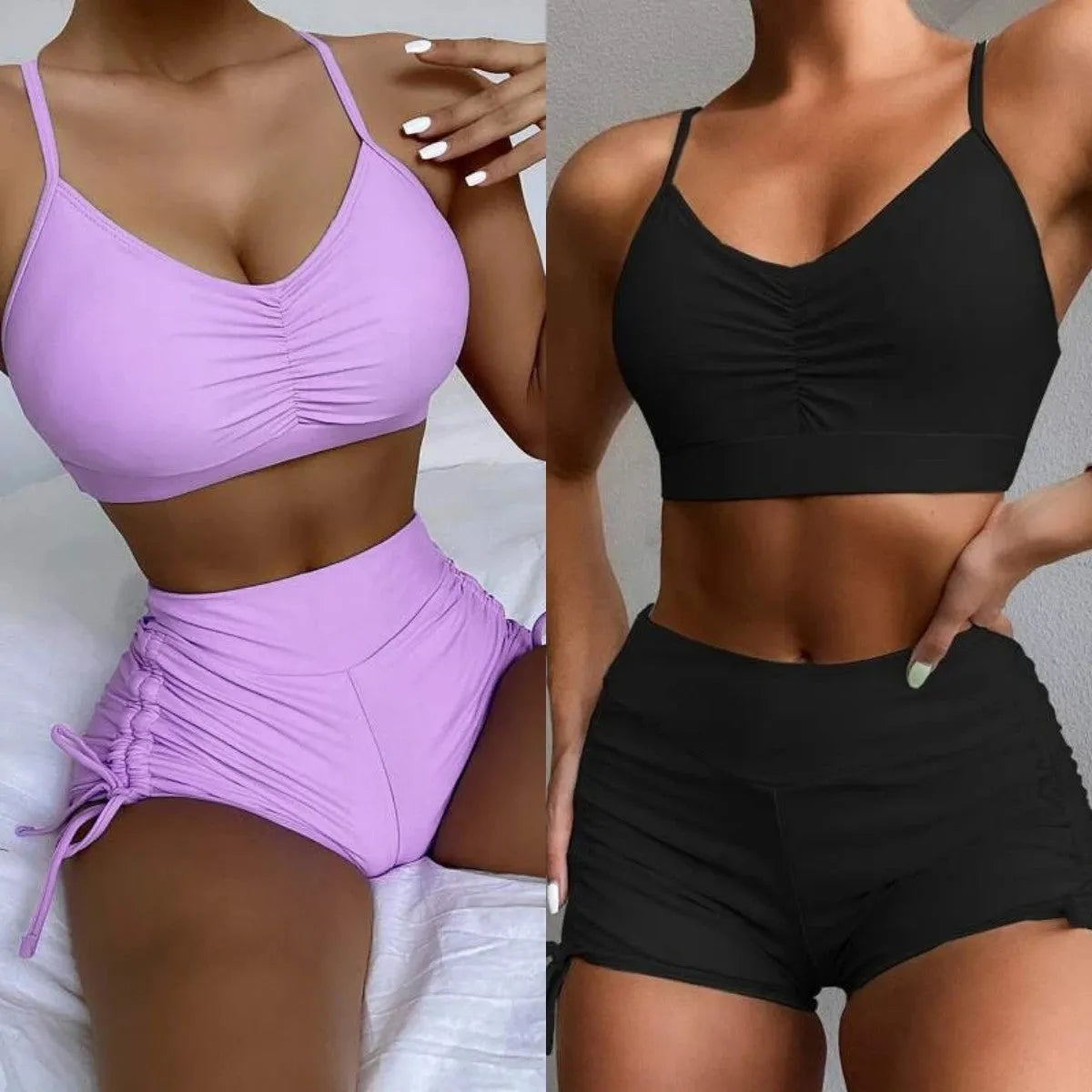 Women's purple and black high waist split swimsuit for swimming and surfing