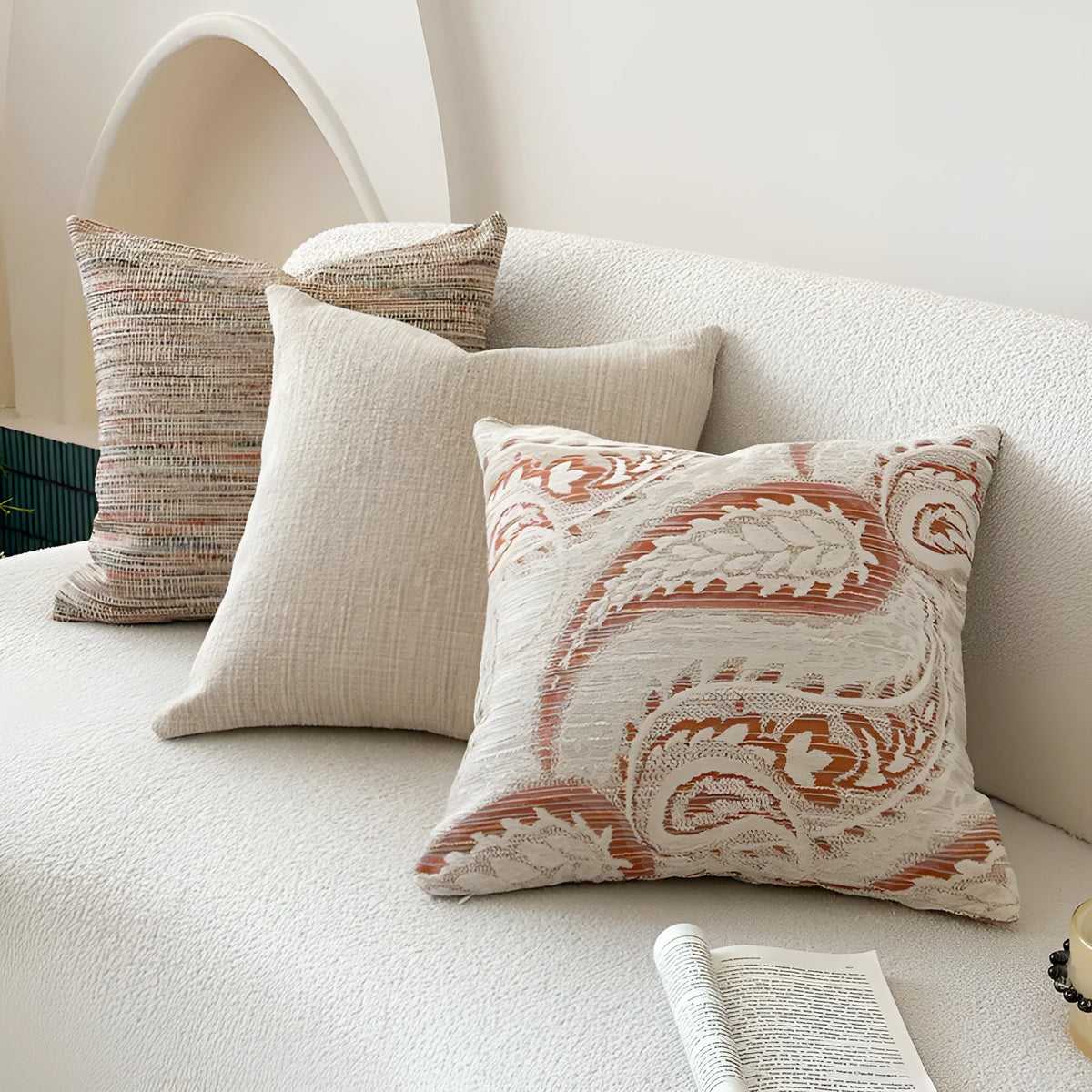 American-style jacquard cushion cover with a paisley and floral pattern in an amber colour.