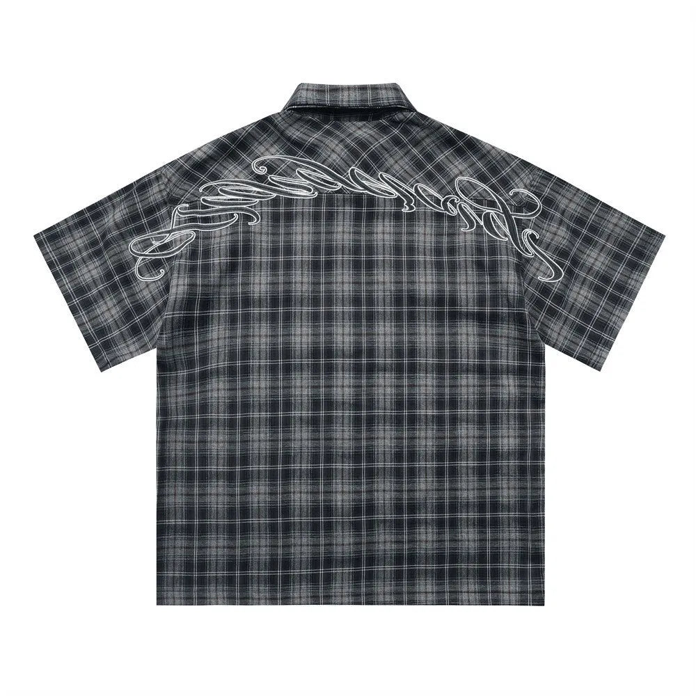 Men's black embroidered plaid shirt with letter detail on lapel and short sleeves