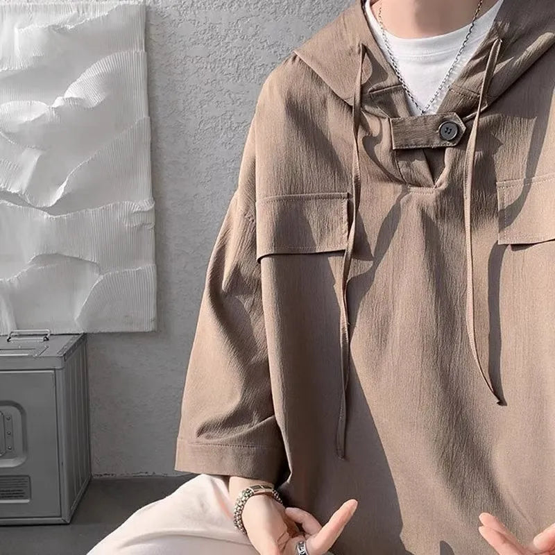 Men's hooded short sleeve polyester t-shirt in loose fit summer design