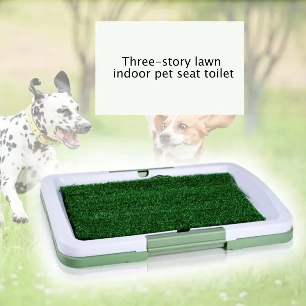 Green synthetic turf dog toilet with three-layer construction for indoor potty training